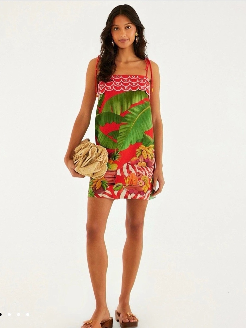 Farm Rio Red Fruit Trolley Banana Tassels Mini Dress Green & Red S